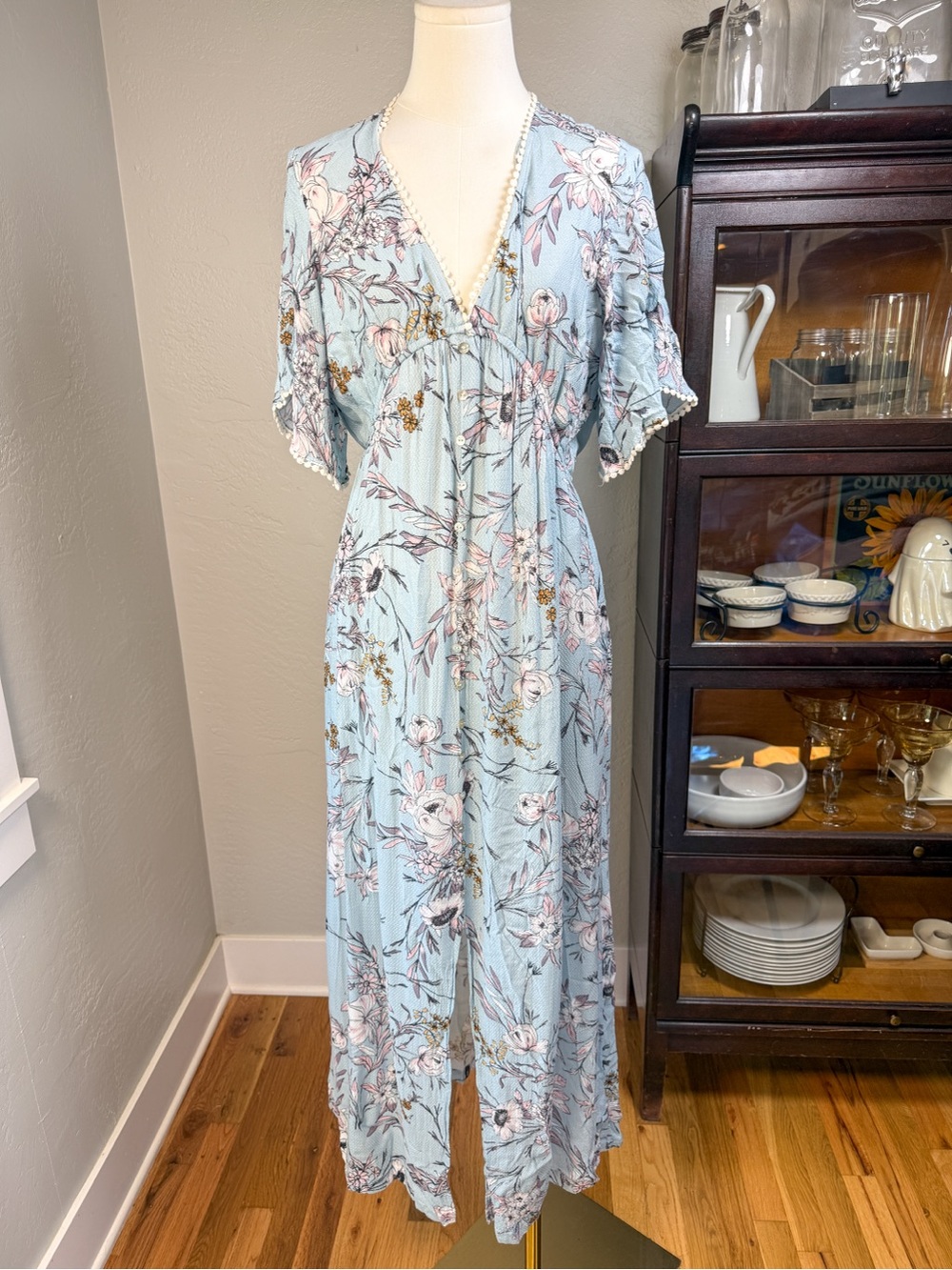 Lovestitch Blue Floral Pom-Trim Boho Rayon Maxi Dress Size S